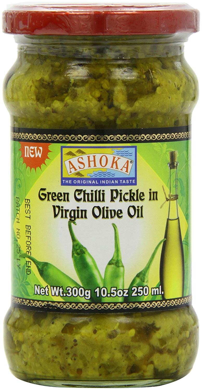 Ashoka Green Chilli Pickle in Olive Oil 10.6 Oz - 300 Gms