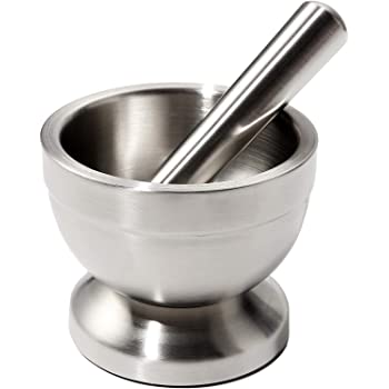 Vinod Aksh  Stainless Steel Hand Masher Bowl,Kitchen Spice & Medical Pills Grinder Mortar and Pestle Set ( Pester 24 Cms, Bowl  11x11 Cms)