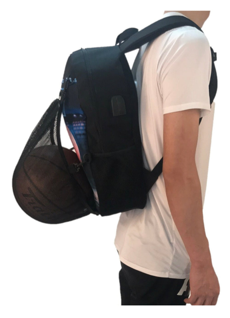 Backpack with ball-shoe holder and USB