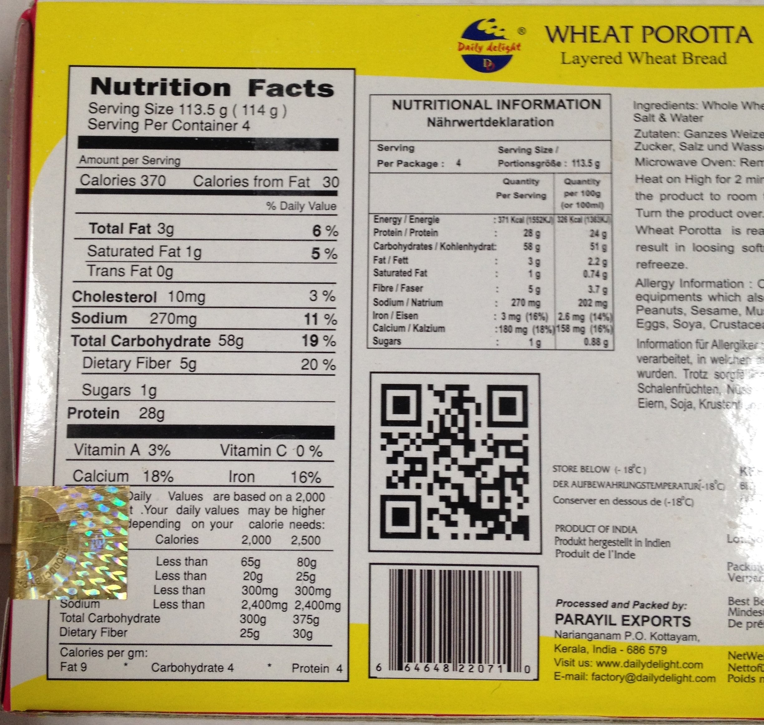 Daily Delight Wheat Porotta 16 Oz - 454 Gms( 4 No's)