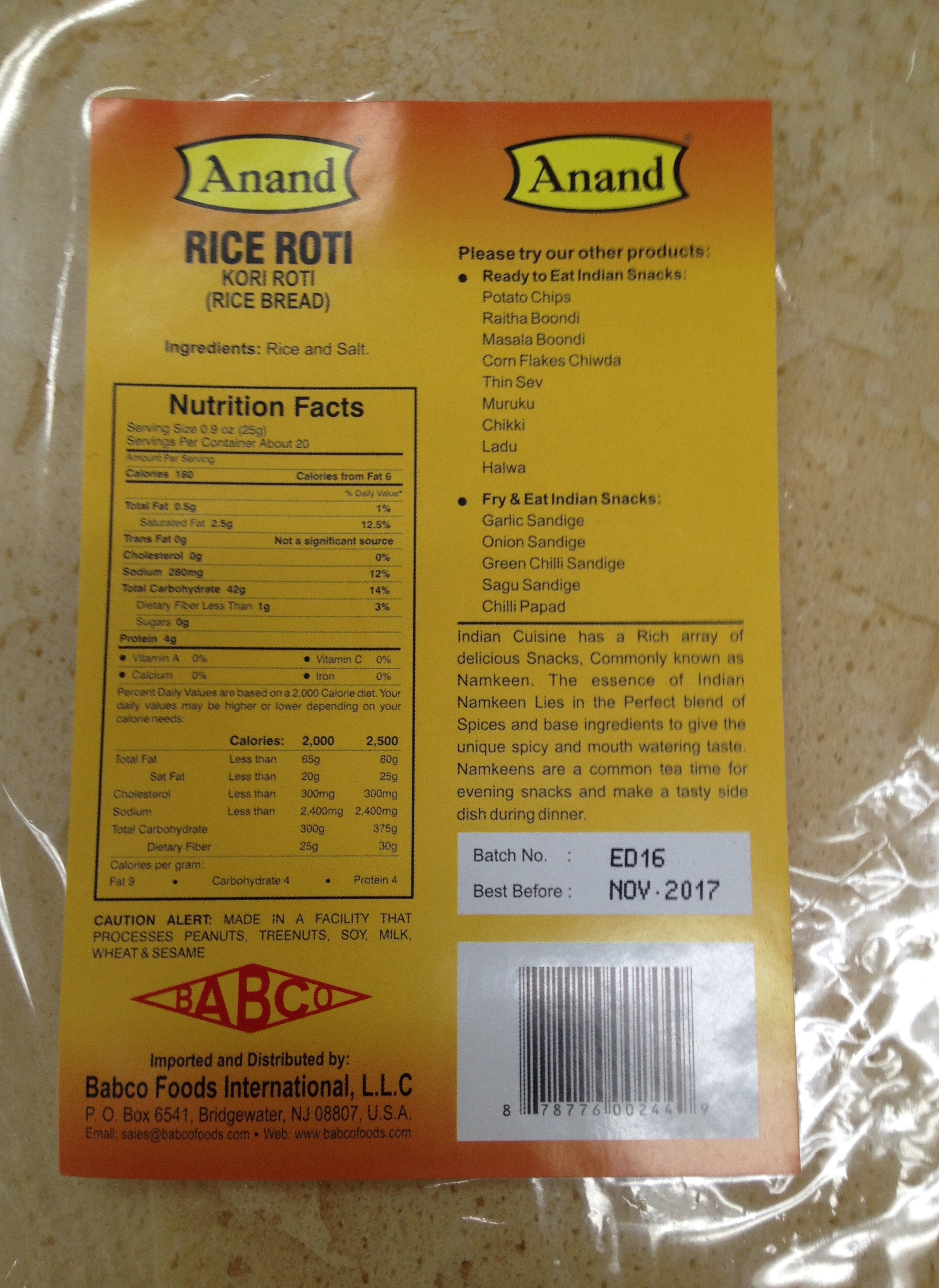 Anand Rice Roti 17.69 Oz - 500 Gms