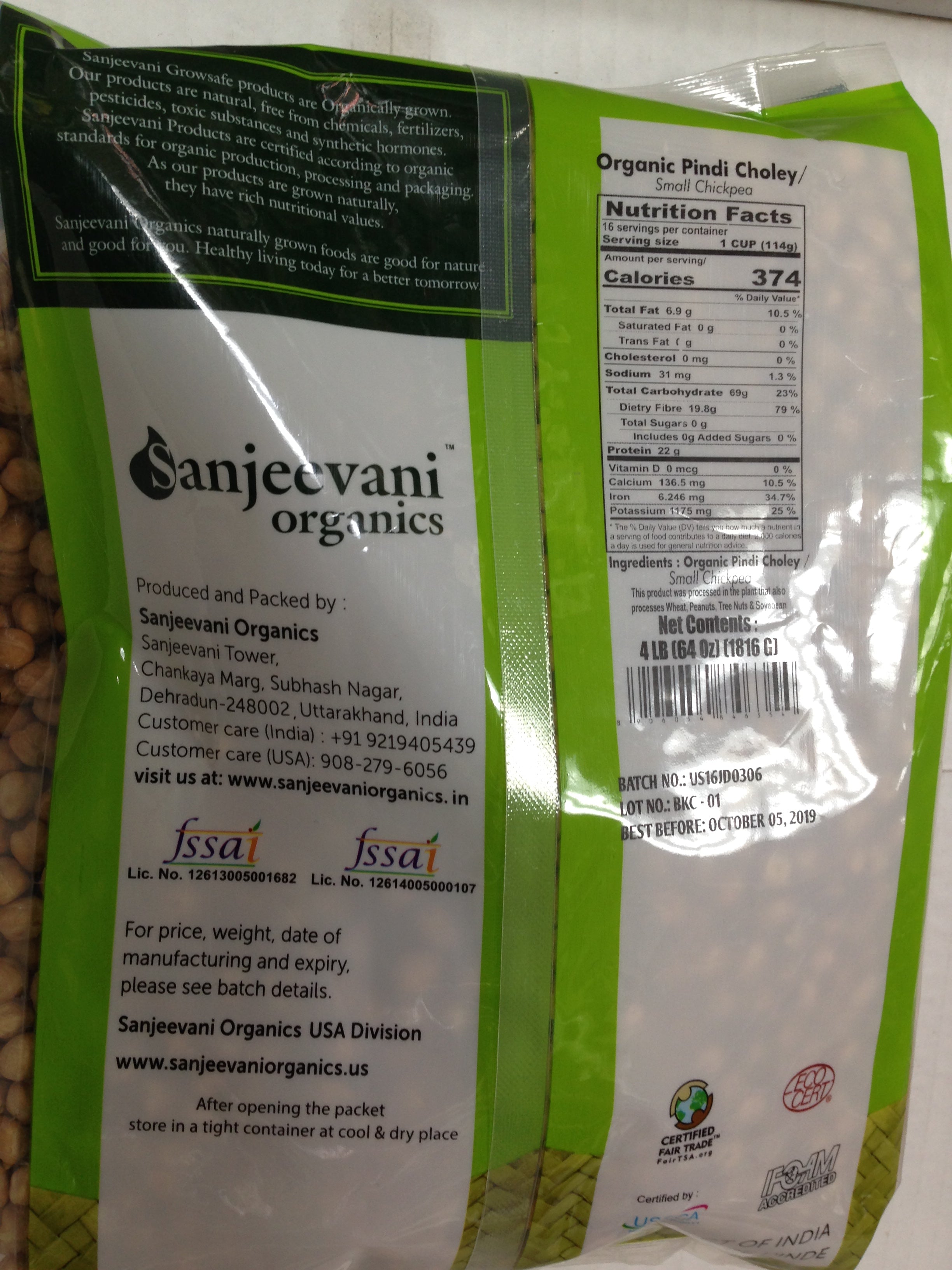 Sanjeevani Organic Pindi Choley 4 LB - 1.8 KG